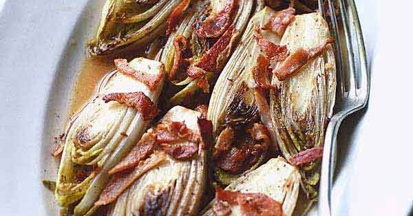 Chicory braised with bacon, garlic, cider