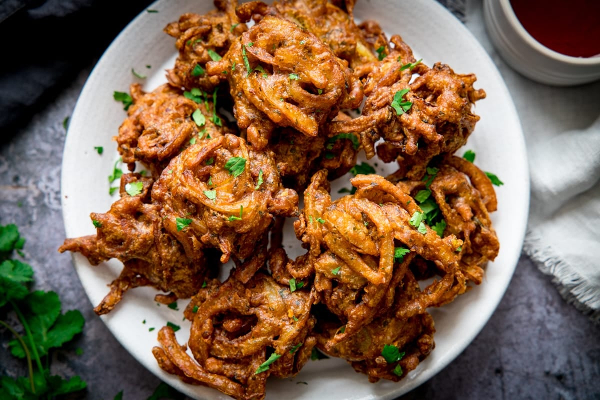 Onion bhajis with chilli relish